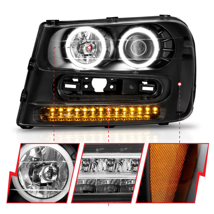 ANZO 2002-2009 Chevrolet Trailblazer Projector Headlights w/ Halo Black - Bull Strap