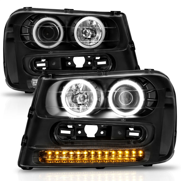 ANZO 2002-2009 Chevrolet Trailblazer Projector Headlights w/ Halo Black - Bull Strap