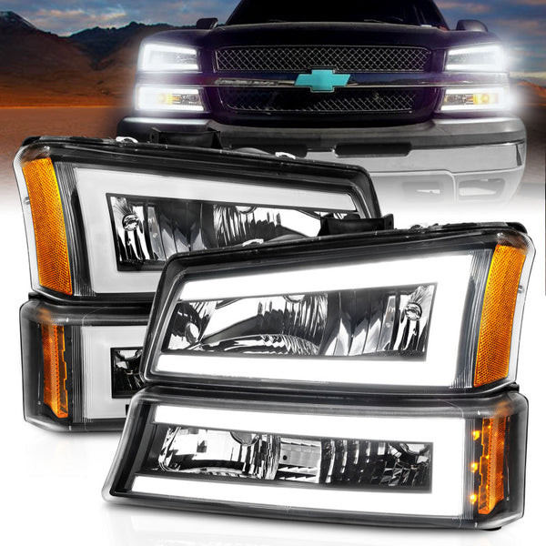 ANZO 2003-2006 Chevrolet Silverado 1500 Crystal Headlights w/ Light Bar Black Housing - Bull Strap