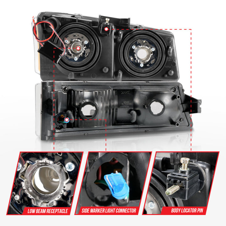 ANZO 2003-2006 Chevrolet Silverado 1500 Crystal Headlights w/ Light Bar Black Housing - Bull Strap