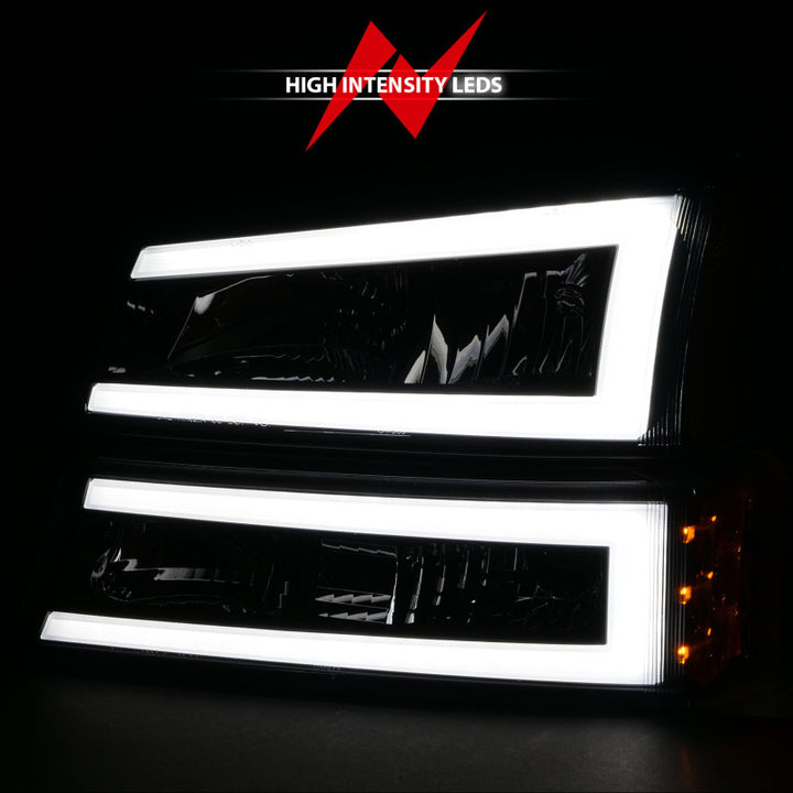 ANZO 2003-2006 Chevrolet Silverado 1500 Crystal Headlights w/ Light Bar Black Housing - Bull Strap