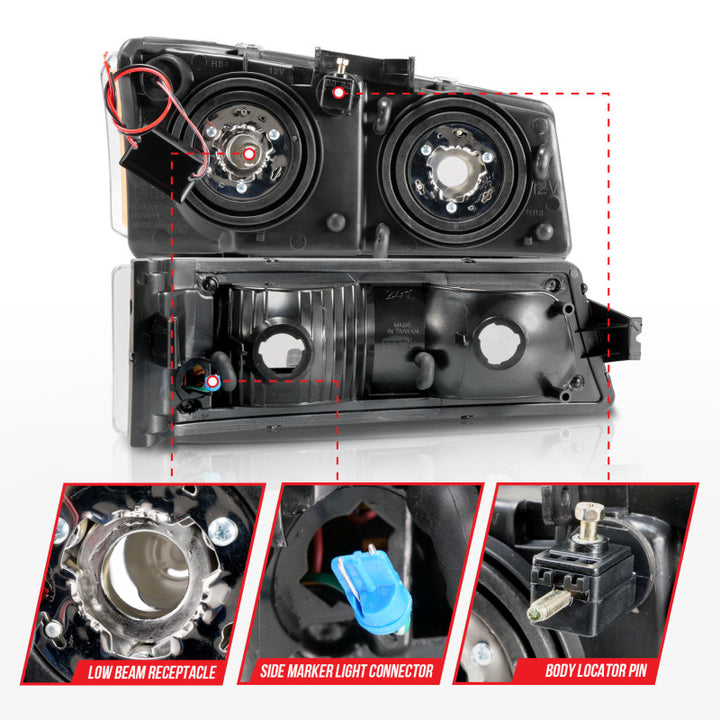 ANZO 2003-2006 Chevrolet Silverado 1500 Crystal Headlights w/ Light Bar Black Housing - Bull Strap