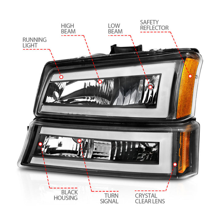ANZO 2003-2006 Chevrolet Silverado 1500 Crystal Headlights w/ Light Bar Black Housing - Bull Strap