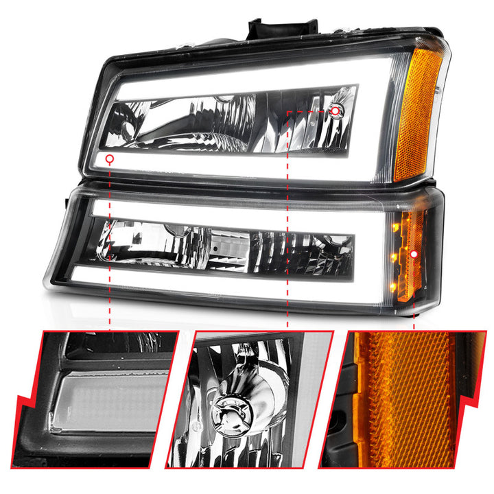 ANZO 2003-2006 Chevrolet Silverado 1500 Crystal Headlights w/ Light Bar Black Housing - Bull Strap