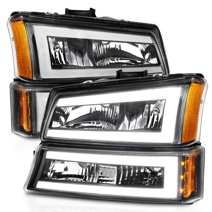 ANZO 2003-2006 Chevrolet Silverado 1500 Crystal Headlights w/ Light Bar Black Housing - Bull Strap