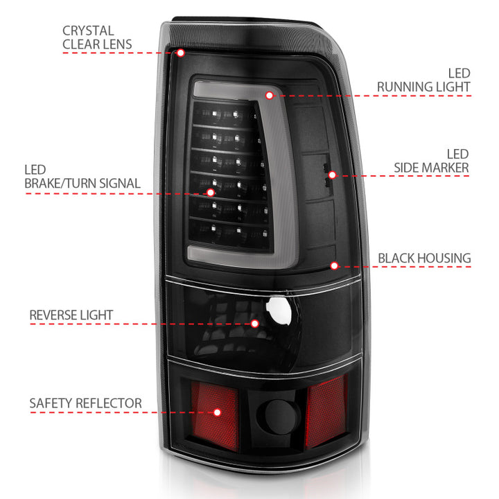 ANZO 2003-2006 Chevy Silverado 1500 LED Taillights Plank Style Black w/Clear Lens - Bull Strap