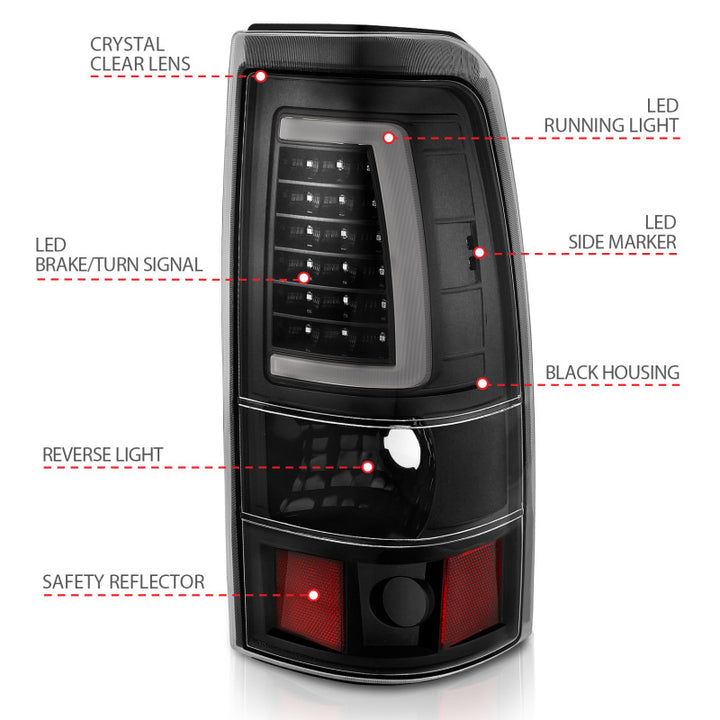ANZO 2003-2006 Chevy Silverado 1500 LED Taillights Plank Style Black w/Clear Lens - Bull Strap