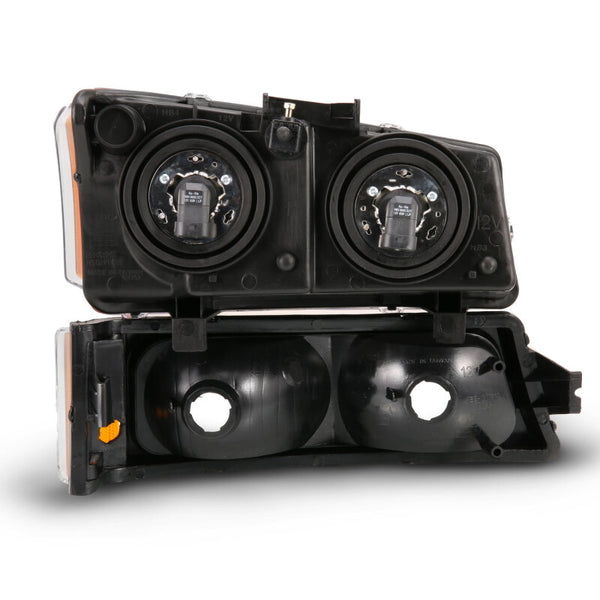 ANZO 2003-2006 Chevy Silverado Crystal Headlight w/ Signal Light Black Amber (4 pcs) - Bull Strap