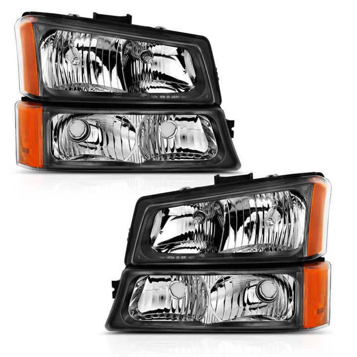 ANZO 2003-2006 Chevy Silverado Crystal Headlight w/ Signal Light Black Amber (4 pcs) - Bull Strap
