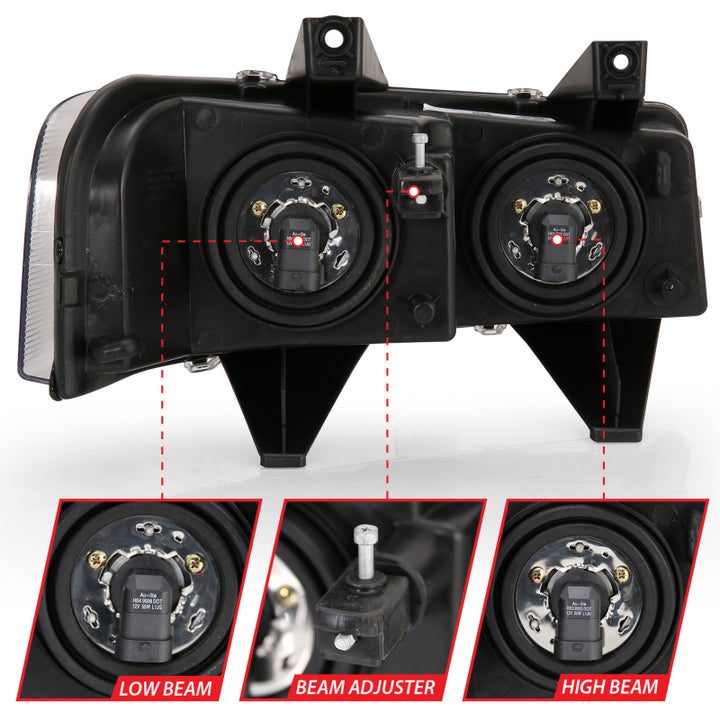 ANZO 2003-2017 Chevy Express Crystal Headlight Black - Bull Strap