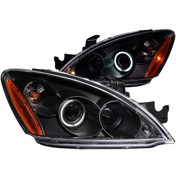 ANZO 2004-2007 Mitsubishi Lancer Projector Headlights w/ Halo Black (CCFL) - Bull Strap