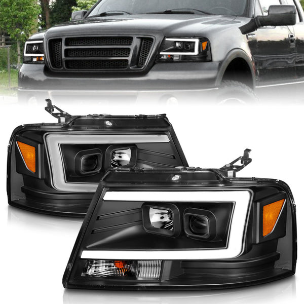 ANZO 2004-2008 Ford  F-150 Projector Headlights w/ Light Bar Black Housing - Bull Strap