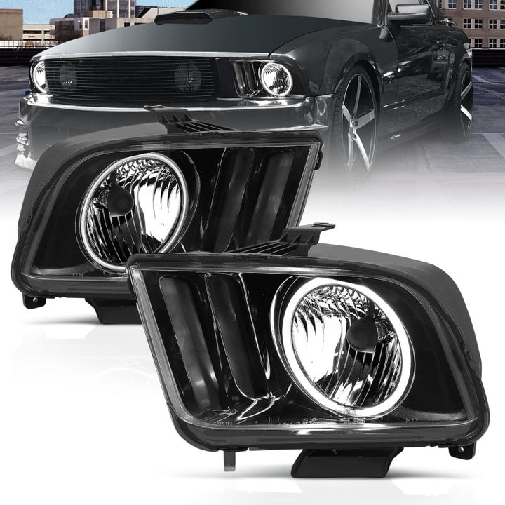 ANZO 2005-2009 Ford Mustang Crystal Headlights w/ Halo Black (CCFL) - Bull Strap