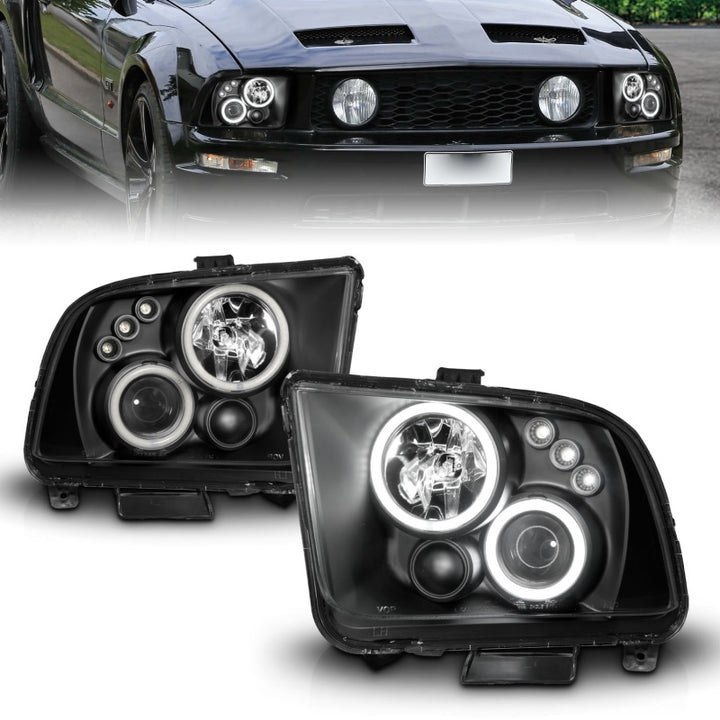 ANZO 2005-2009 Ford Mustang Projector Headlights w/ Halo Black - Bull Strap