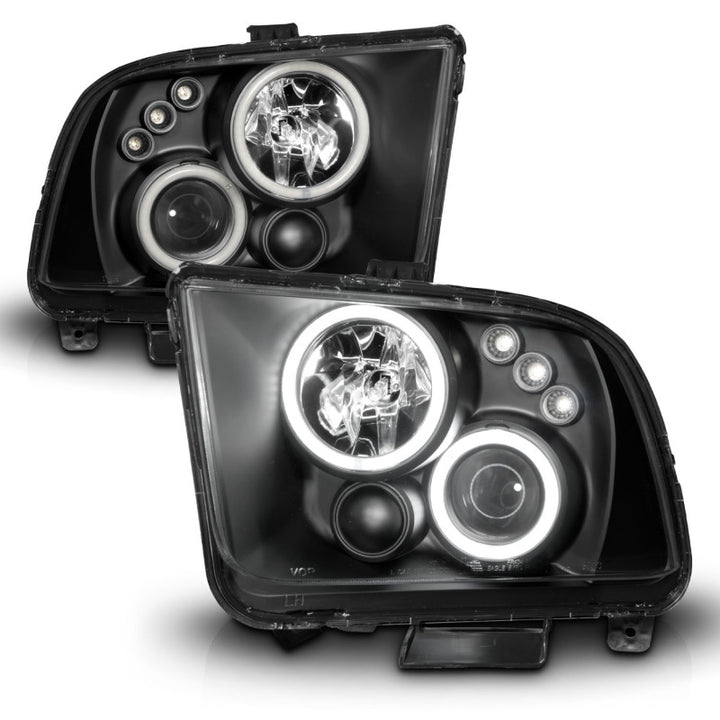 ANZO 2005-2009 Ford Mustang Projector Headlights w/ Halo Black - Bull Strap