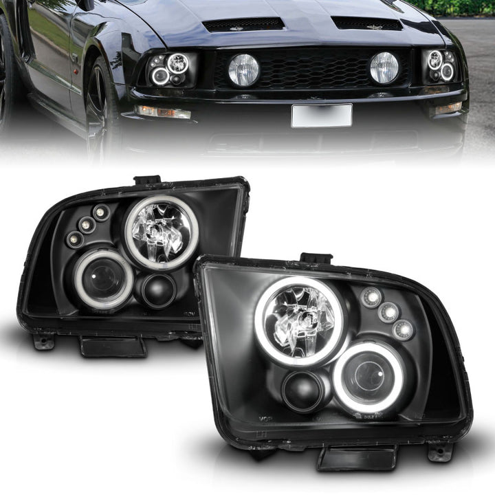 ANZO 2005-2009 Ford Mustang Projector Headlights w/ Halo Black - Bull Strap