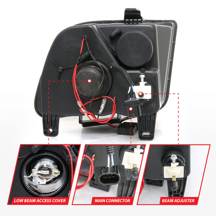 ANZO 2005-2009 Ford Mustang Projector Headlights w/ Halo Black - Bull Strap