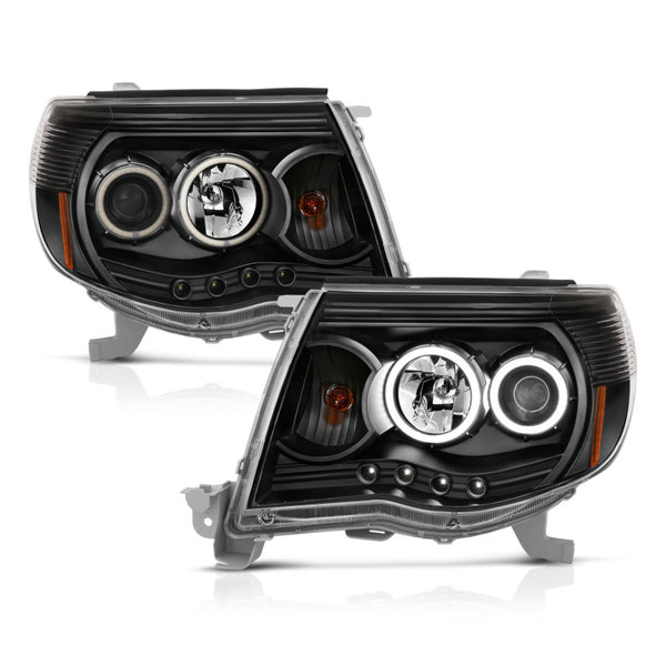 ANZO 2005-2011 Toyota Tacoma Projector Headlights w/ Halo Black - Bull Strap