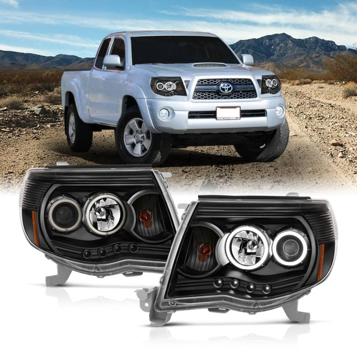 ANZO 2005-2011 Toyota Tacoma Projector Headlights w/ Halo Black - Bull Strap