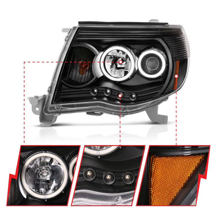 ANZO 2005-2011 Toyota Tacoma Projector Headlights w/ Halo Black - Bull Strap