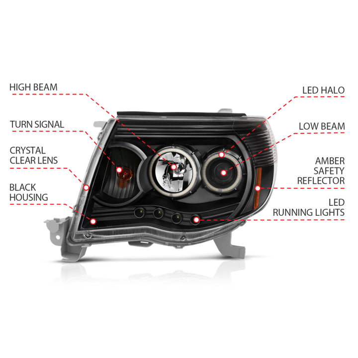 ANZO 2005-2011 Toyota Tacoma Projector Headlights w/ Halo Black - Bull Strap