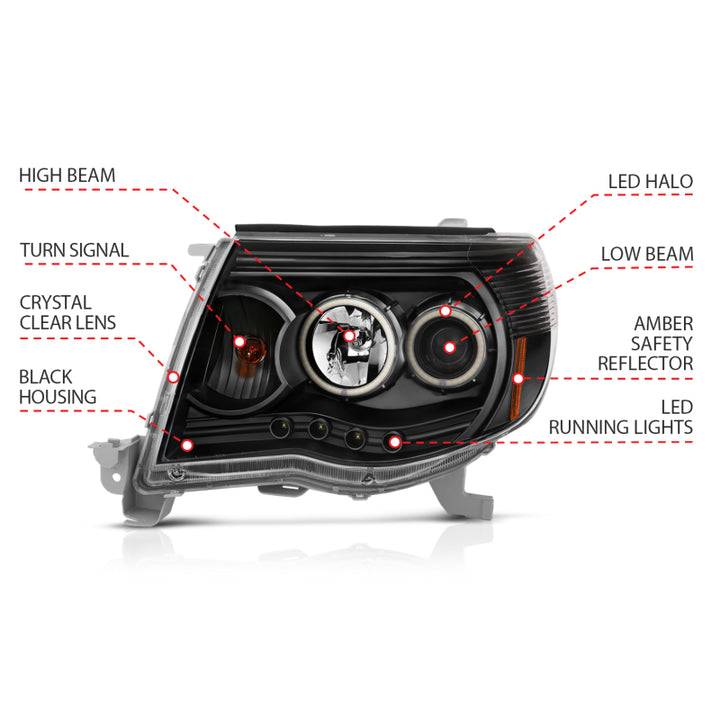 ANZO 2005-2011 Toyota Tacoma Projector Headlights w/ Halo Black - Bull Strap