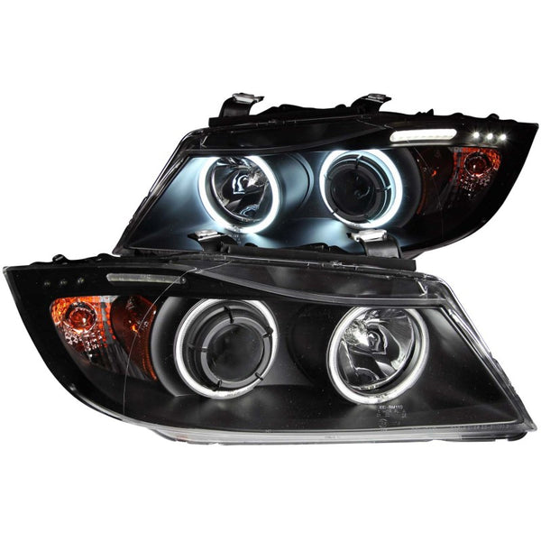 ANZO 2006-2008 BMW 3 Series E90-E91 Projector Headlights w/ Halo w/ LED Bar Black (CCFL) - Bull Strap
