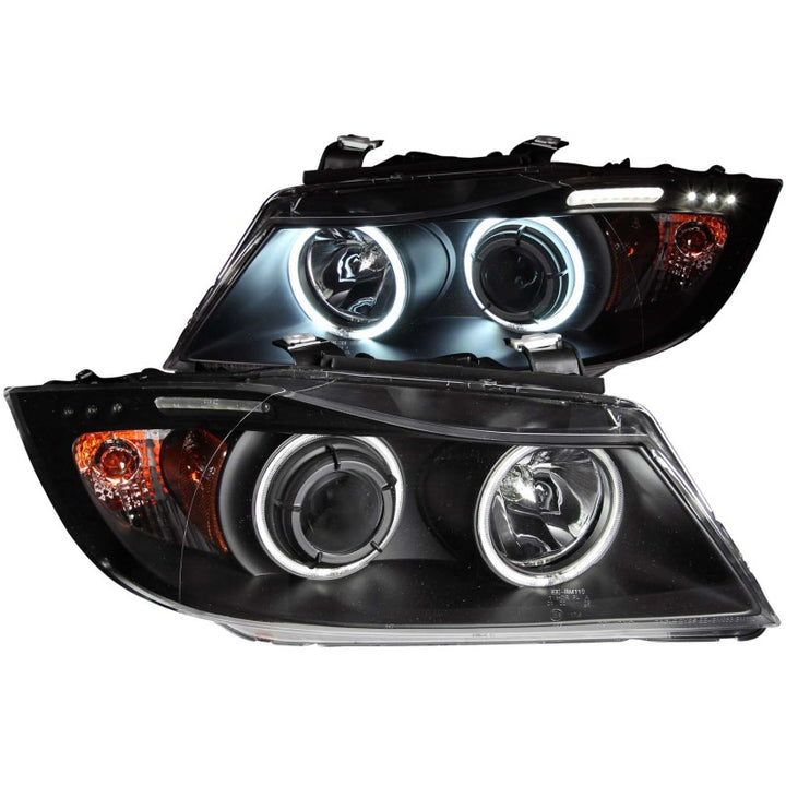 ANZO 2006-2008 BMW 3 Series E90-E91 Projector Headlights w/ Halo w/ LED Bar Black (CCFL) - Bull Strap