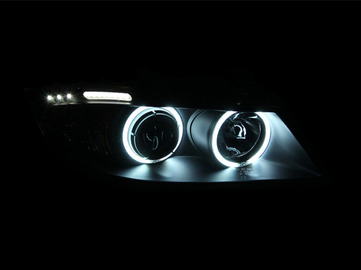 ANZO 2006-2008 BMW 3 Series E90-E91 Projector Headlights w/ Halo w/ LED Bar Black (CCFL) - Bull Strap