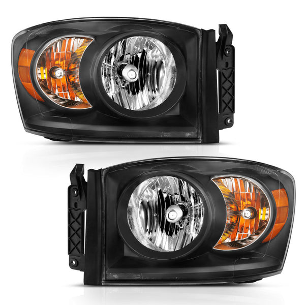 ANZO 2006-2009 Dodge Ram 1500 Crystal Headlight  Black Amber - Bull Strap