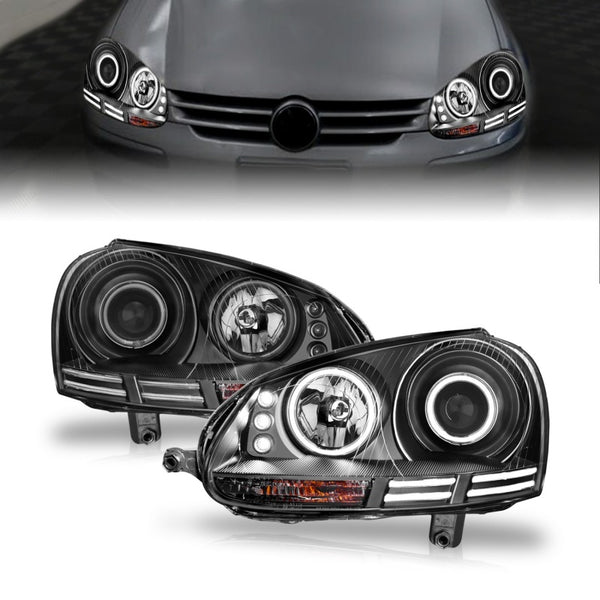ANZO 2006-2009 Volkswagen Rabbit Projector Headlights w/ Halo Black (CCFL) - Bull Strap