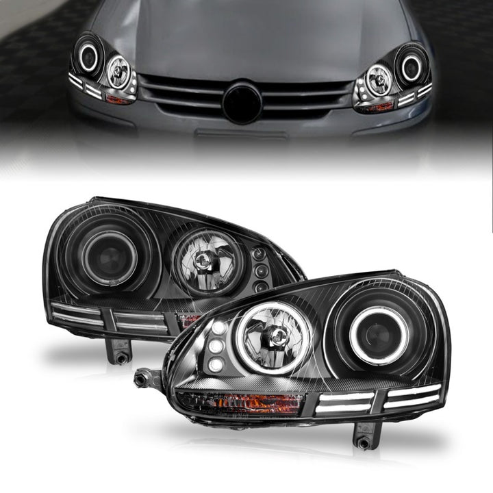 ANZO 2006-2009 Volkswagen Rabbit Projector Headlights w/ Halo Black (CCFL) - Bull Strap