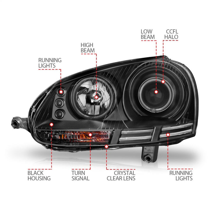 ANZO 2006-2009 Volkswagen Rabbit Projector Headlights w/ Halo Black (CCFL) - Bull Strap
