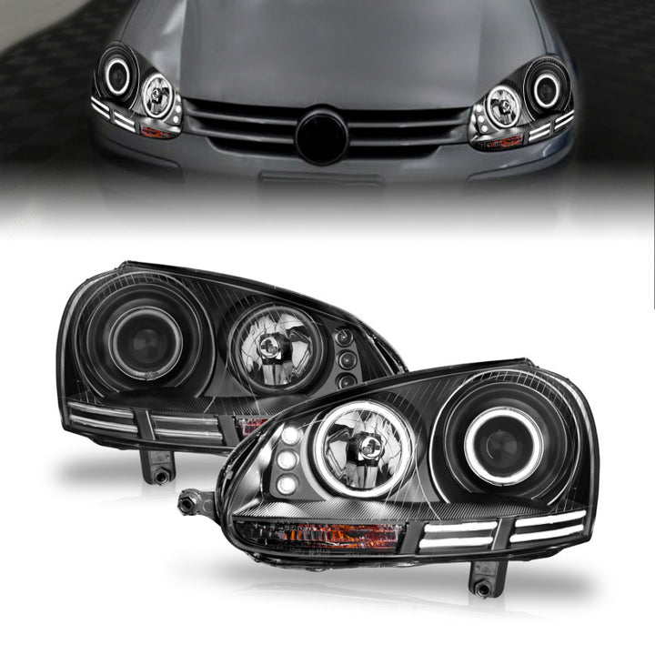 ANZO 2006-2009 Volkswagen Rabbit Projector Headlights w/ Halo Black (CCFL) - Bull Strap