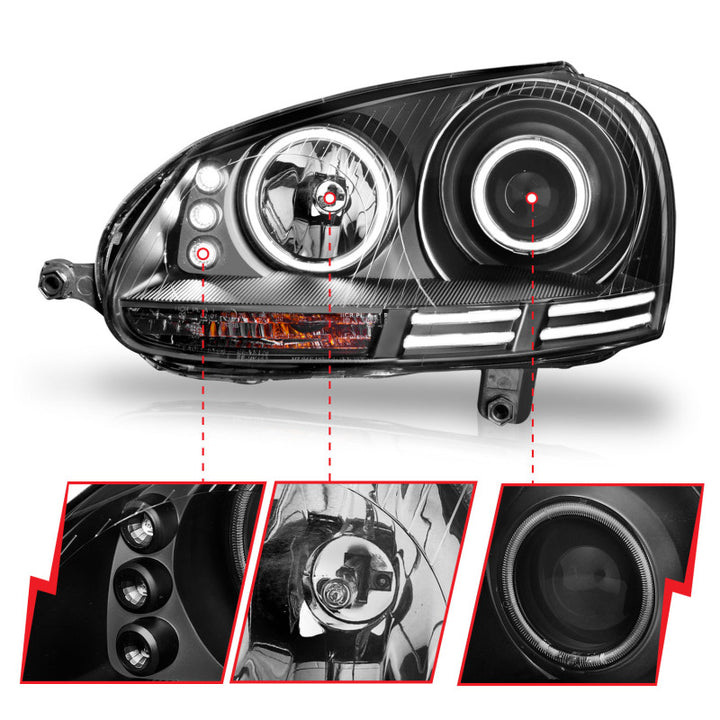 ANZO 2006-2009 Volkswagen Rabbit Projector Headlights w/ Halo Black (CCFL) - Bull Strap