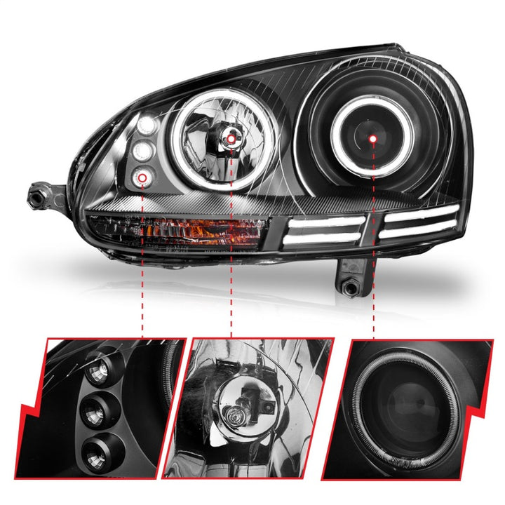 ANZO 2006-2009 Volkswagen Rabbit Projector Headlights w/ Halo Black (CCFL) - Bull Strap