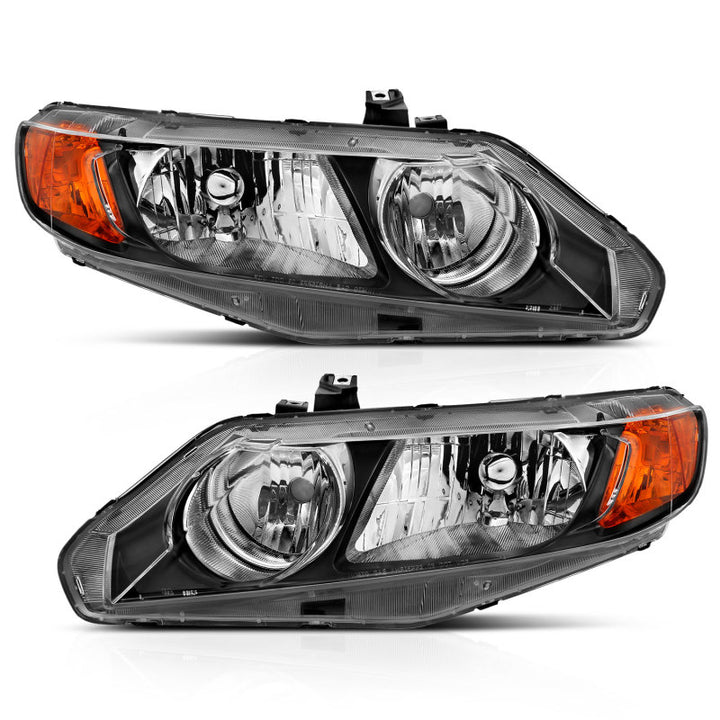 ANZO 2006-2011 Honda Civic 4 Door Crystal Headlight Black Amber (OE Replacement) - Bull Strap