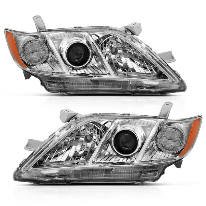 ANZO 2007-2009 Toyota Camry Projector Headlight Chrome Amber (OE Replacement) - Bull Strap