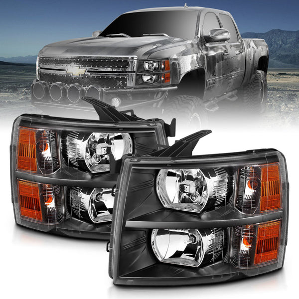 ANZO 2007-2013 Chevrolet Silverado Crystal Headlights Black - Bull Strap