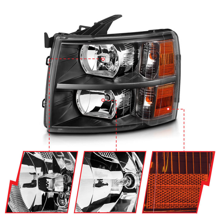 ANZO 2007-2013 Chevrolet Silverado Crystal Headlights Black - Bull Strap