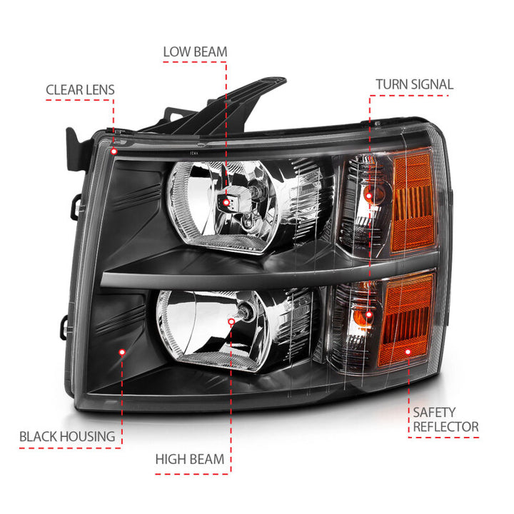 ANZO 2007-2013 Chevrolet Silverado Crystal Headlights Black - Bull Strap