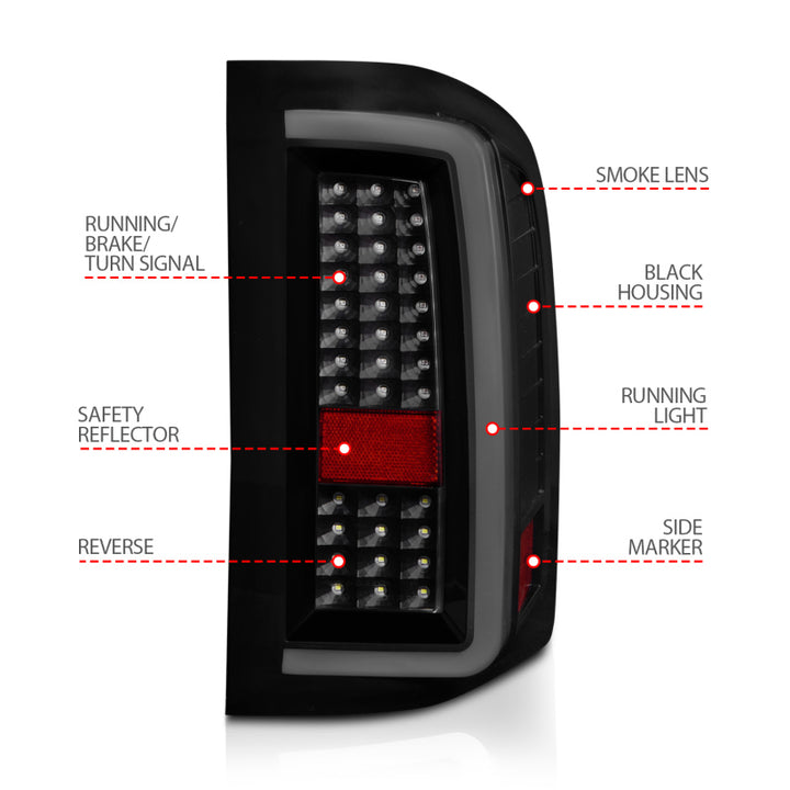 ANZO 2007-2013 Chevrolet Silverado1500/ 2500/ 3500 LED Tail Lights w/ Light Bar Black Housing Smoke - Bull Strap