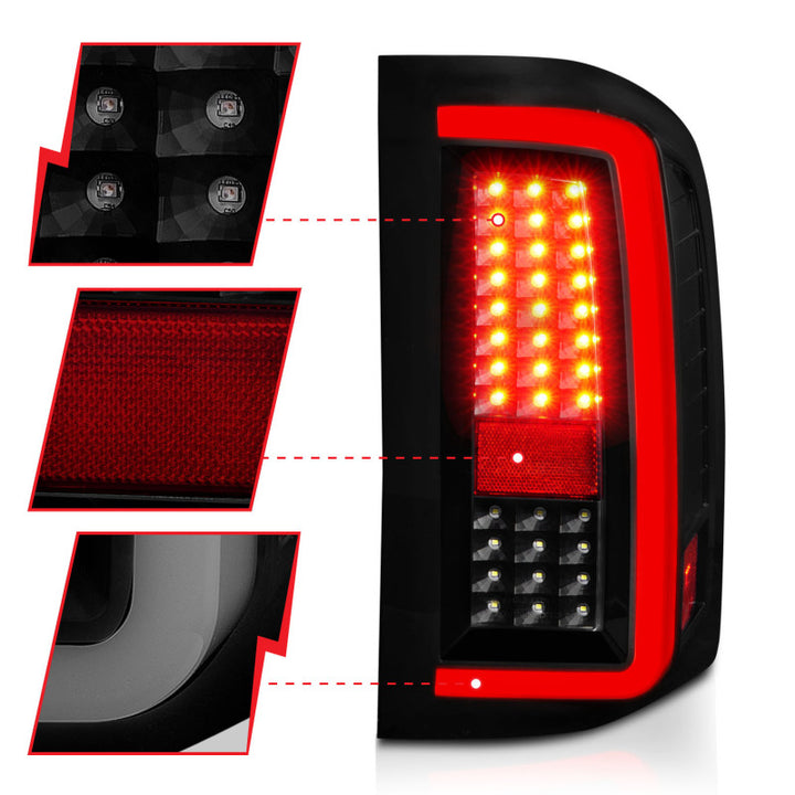 ANZO 2007-2013 Chevrolet Silverado1500/ 2500/ 3500 LED Tail Lights w/ Light Bar Black Housing Smoke - Bull Strap