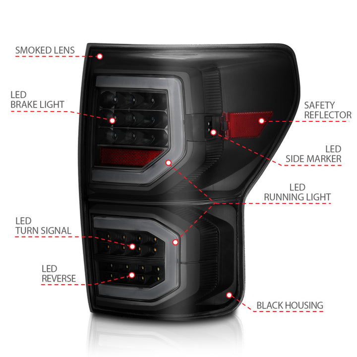ANZO 2007-2013 Toyota Tundra LED Taillights Plank Style Black w/Smoke Lens - Bull Strap