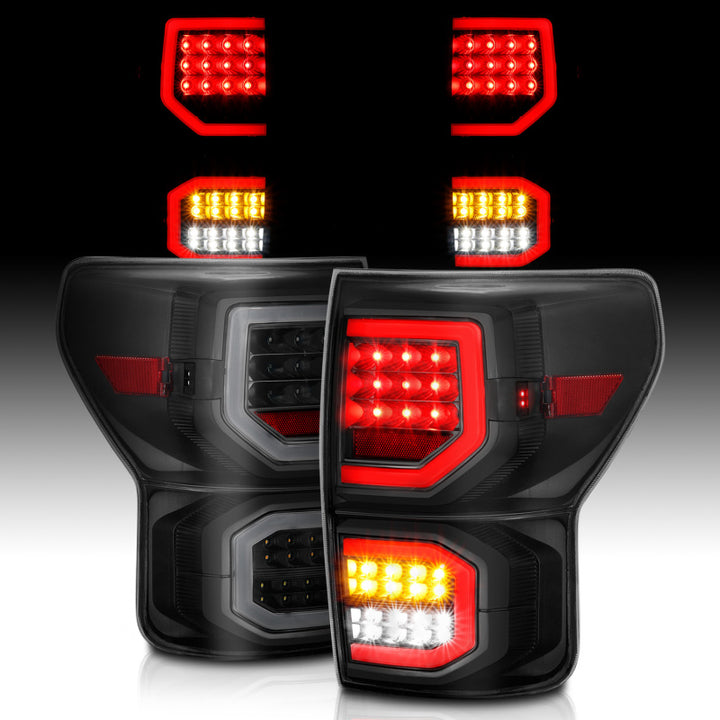 ANZO 2007-2013 Toyota Tundra LED Taillights Plank Style Black w/Smoke Lens - Bull Strap