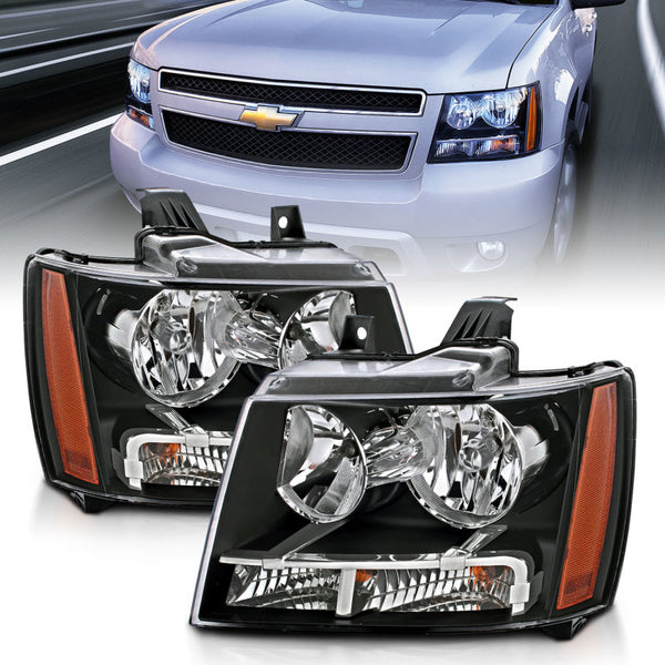 ANZO 2007-2014 Chevrolet Tahoe/Suburban Crystal Headlights Black - Bull Strap