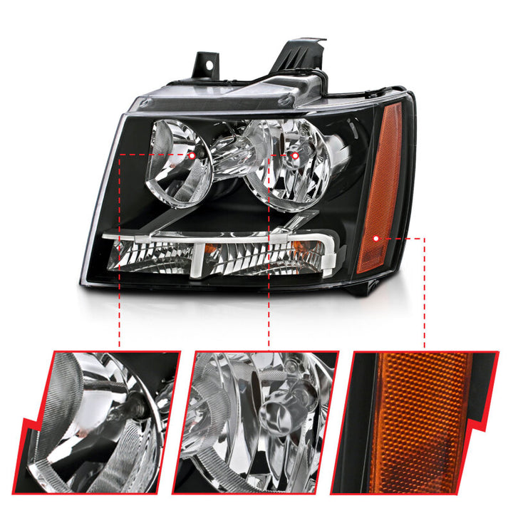 ANZO 2007-2014 Chevrolet Tahoe/Suburban Crystal Headlights Black - Bull Strap
