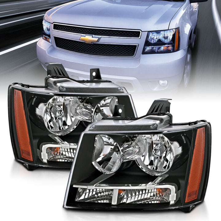 ANZO 2007-2014 Chevrolet Tahoe/Suburban Crystal Headlights Black - Bull Strap
