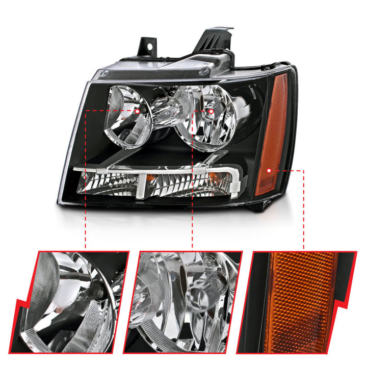 ANZO 2007-2014 Chevrolet Tahoe/Suburban Crystal Headlights Black - Bull Strap
