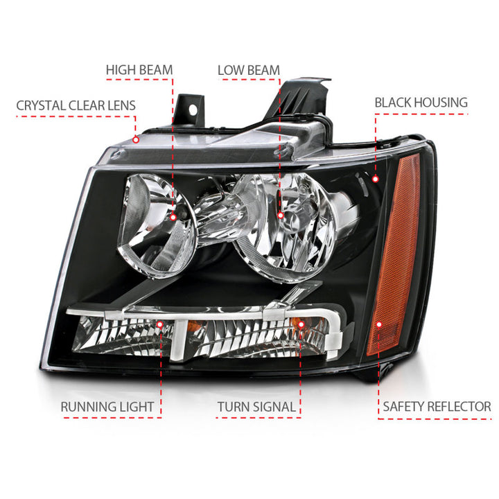 ANZO 2007-2014 Chevrolet Tahoe/Suburban Crystal Headlights Black - Bull Strap